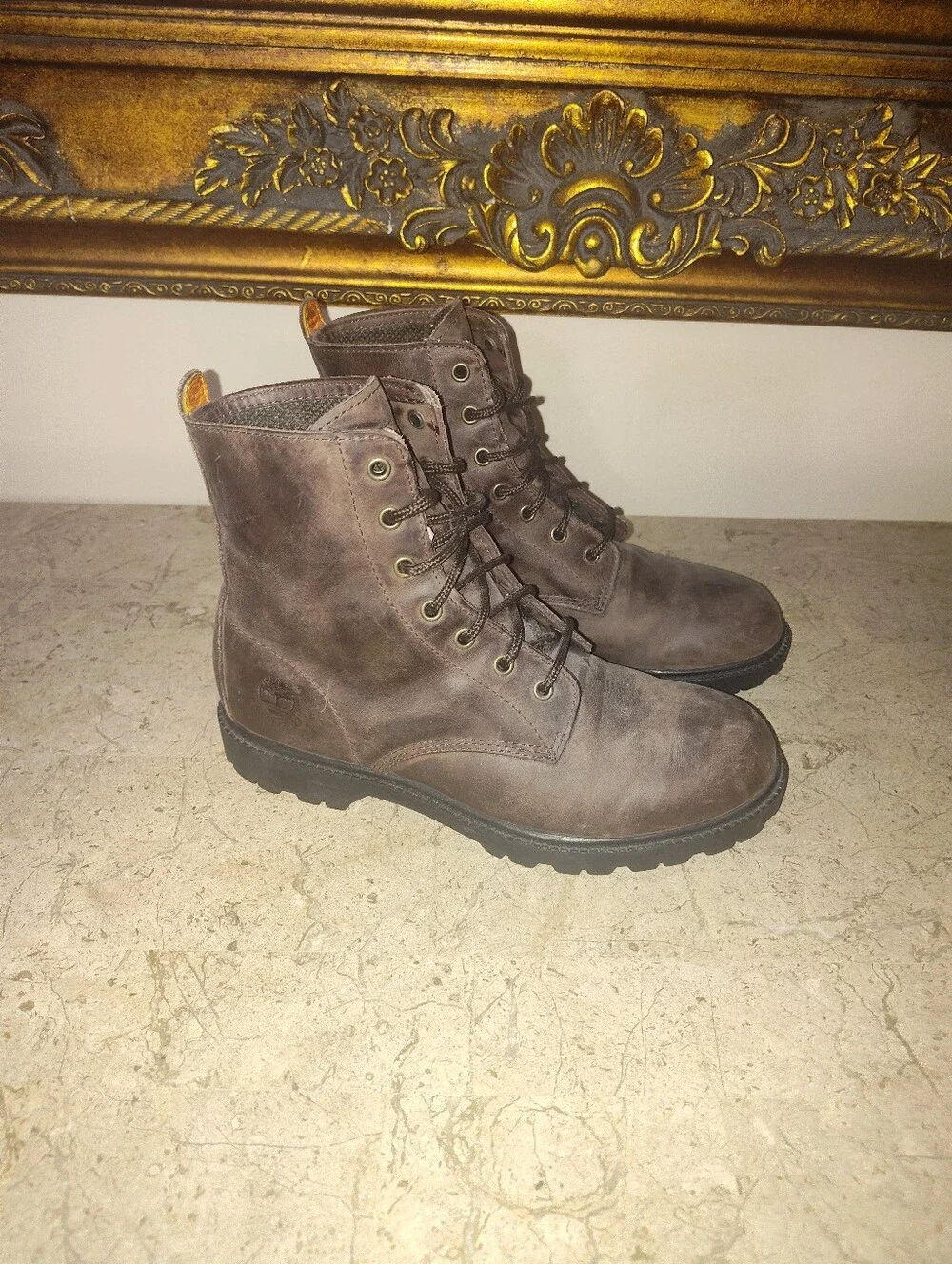 Vintage Timberland 11300 Dark Brown Leather Work Boots with Yellow Pull Tab
